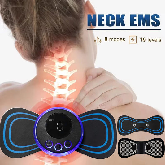 Neck EMS device with glowing effect on a person's neck, showing 8 modes and 19 levels.جهاز مساج نبضي صغير للعنق والكتفين بتقنية EMS و19 مستوى لتحفيز العضلات وتخفيف التوتر