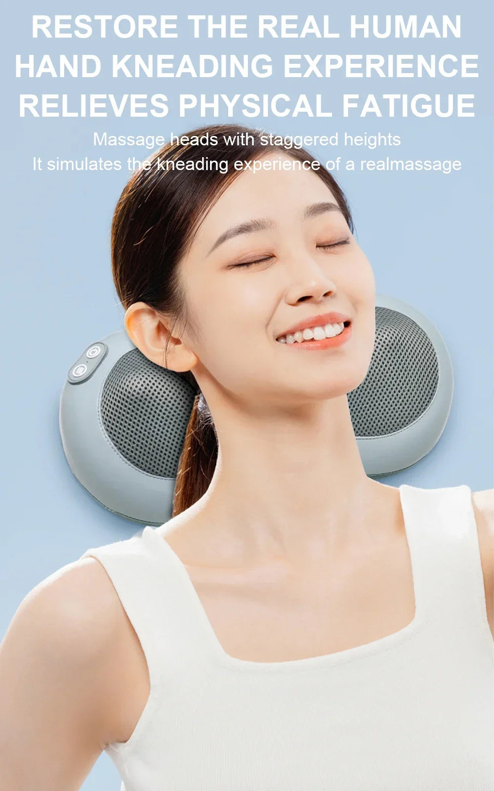 Woman using a neck and shoulder massager with text about its benefits on a light blue background