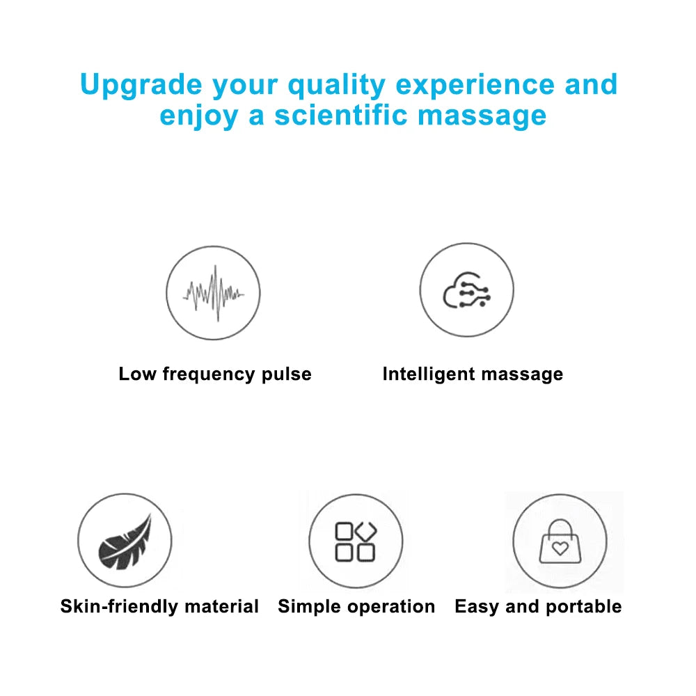 Promotional text and icons for a massage product with features like low frequency pulse, intelligent massage, skin-friendly material, simple operation, and easy portability.