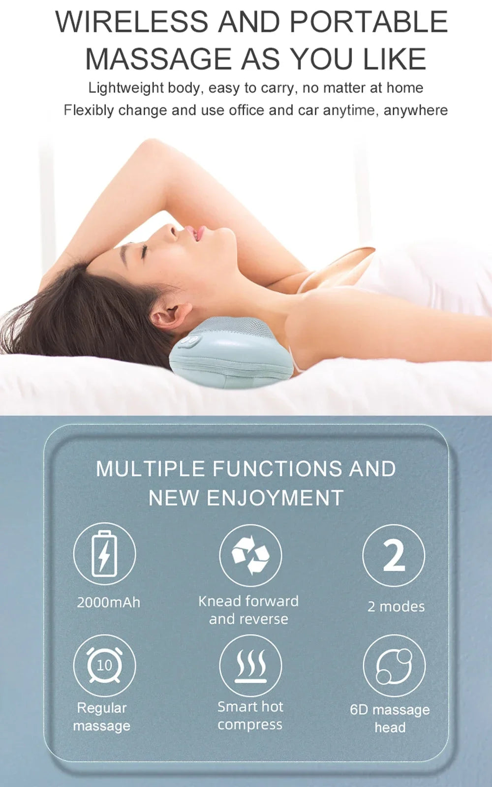 Person using a massage pillow with product features displayed on a blue background