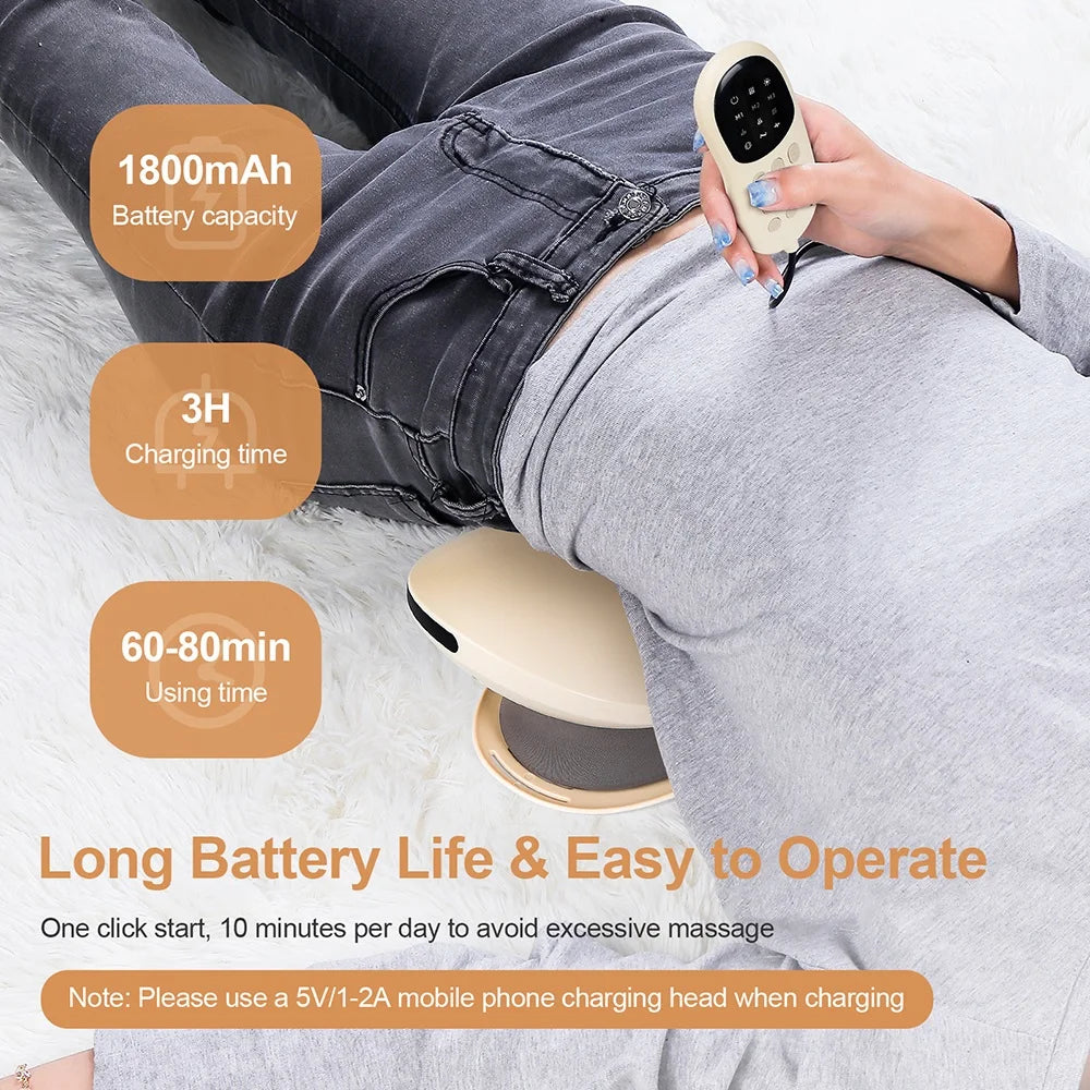 Person using a handheld massage device with product specifications displayed.