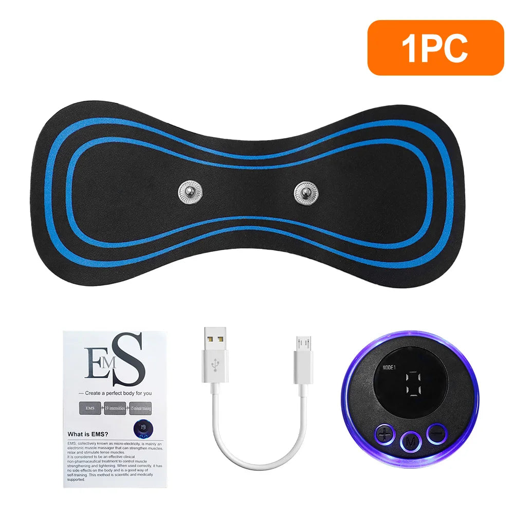 EMS muscle stimulator device with USB cable, power adapter, and user manual on a white background.