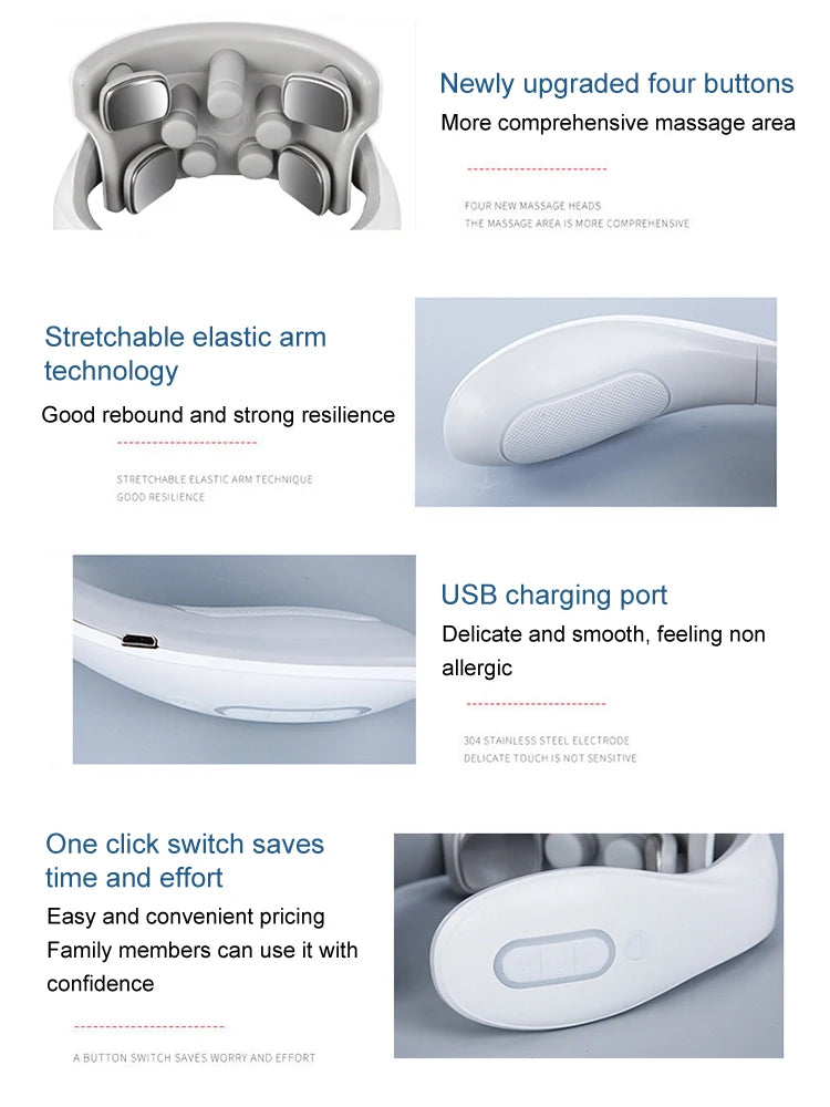 Massage device with features highlighted on a light blue background
