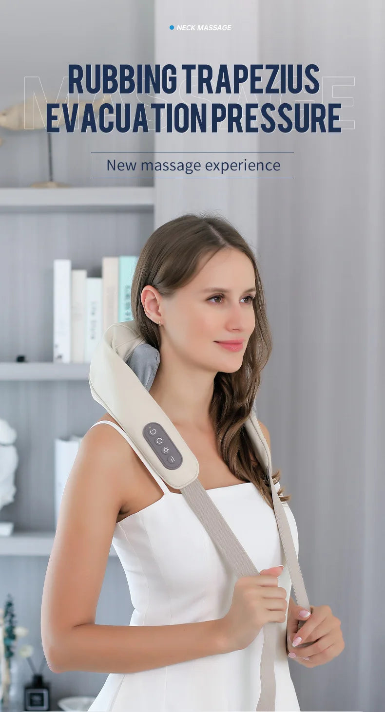 Woman wearing a neck and shoulder massager with text about trapezius evacuation pressure.آلة التدليك