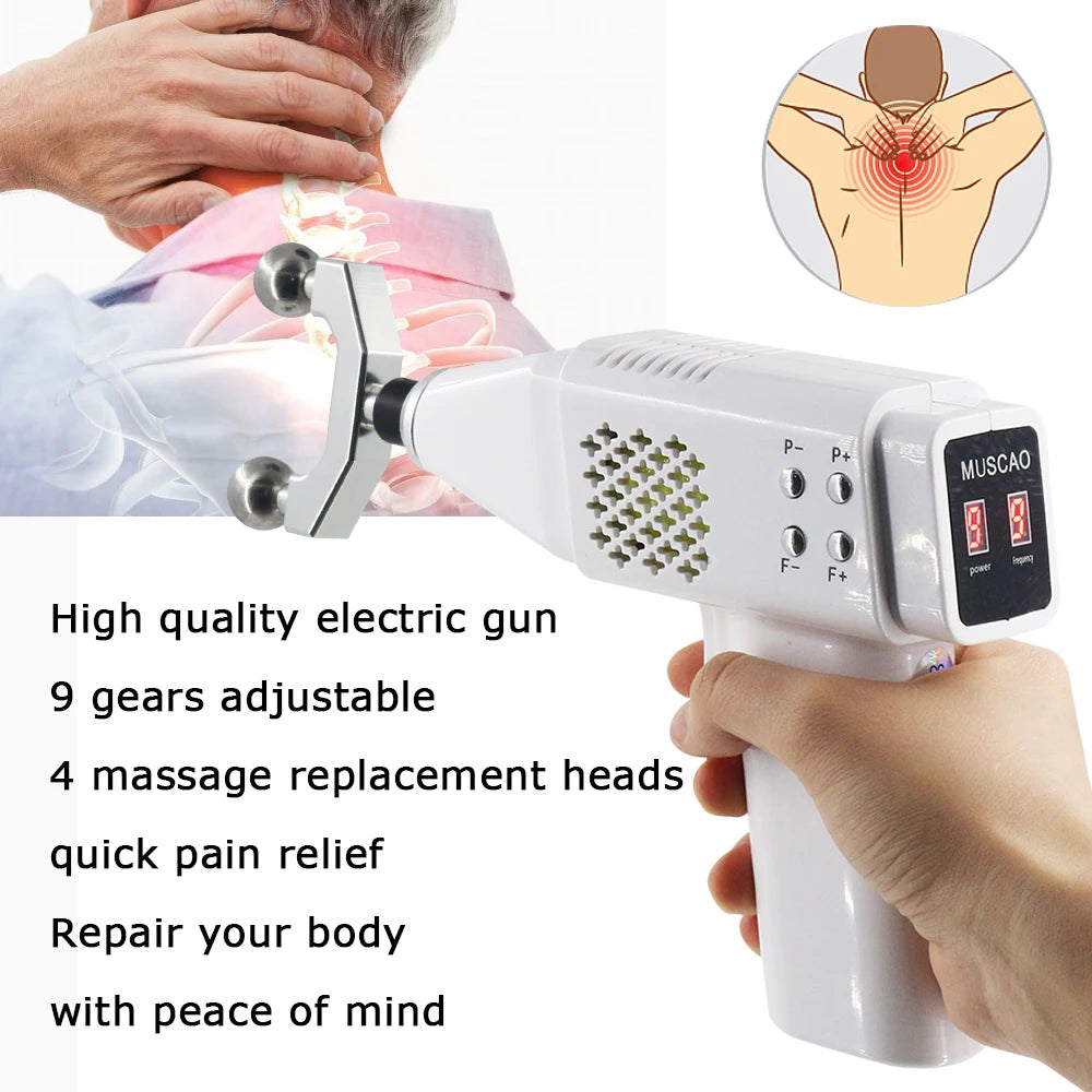 Electric gun for pain relief with text highlighting features and benefits
