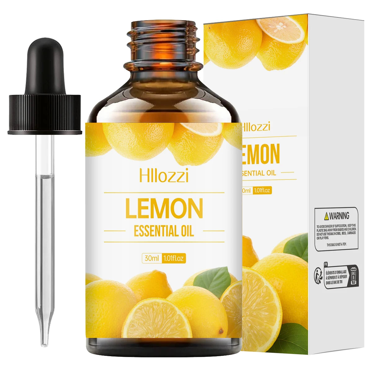 Hilozzi Lemon Essential Oil bottle with dropper and packaging on a white background