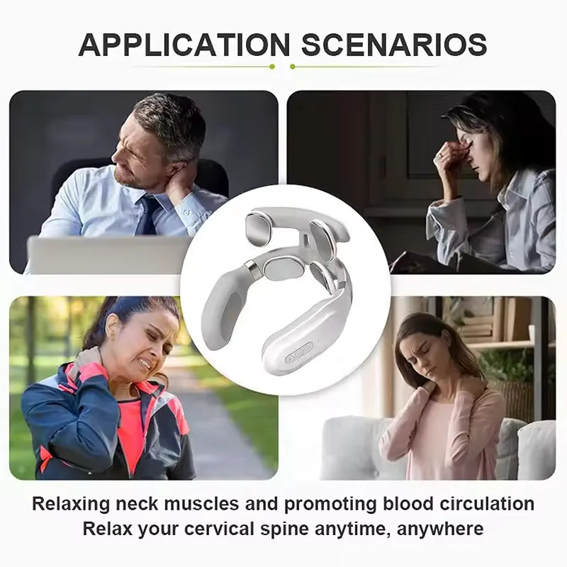 Neck massager device with application scenarios including office worker, person at home, runner, and person on couch.