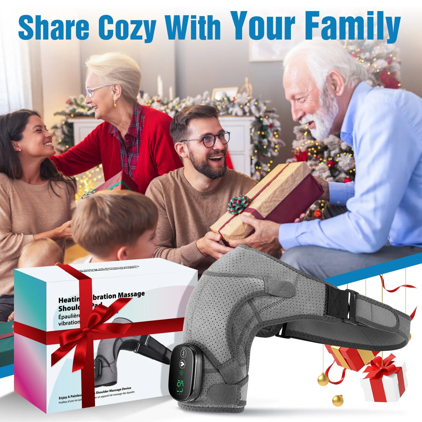 Family gathered around a Christmas tree with a heating, vibration, and massage device in the foreground.