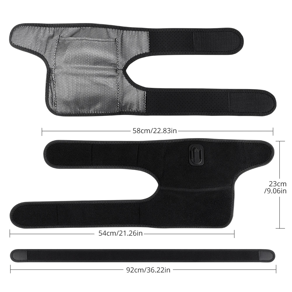 Black protective gear with measurements on a white background