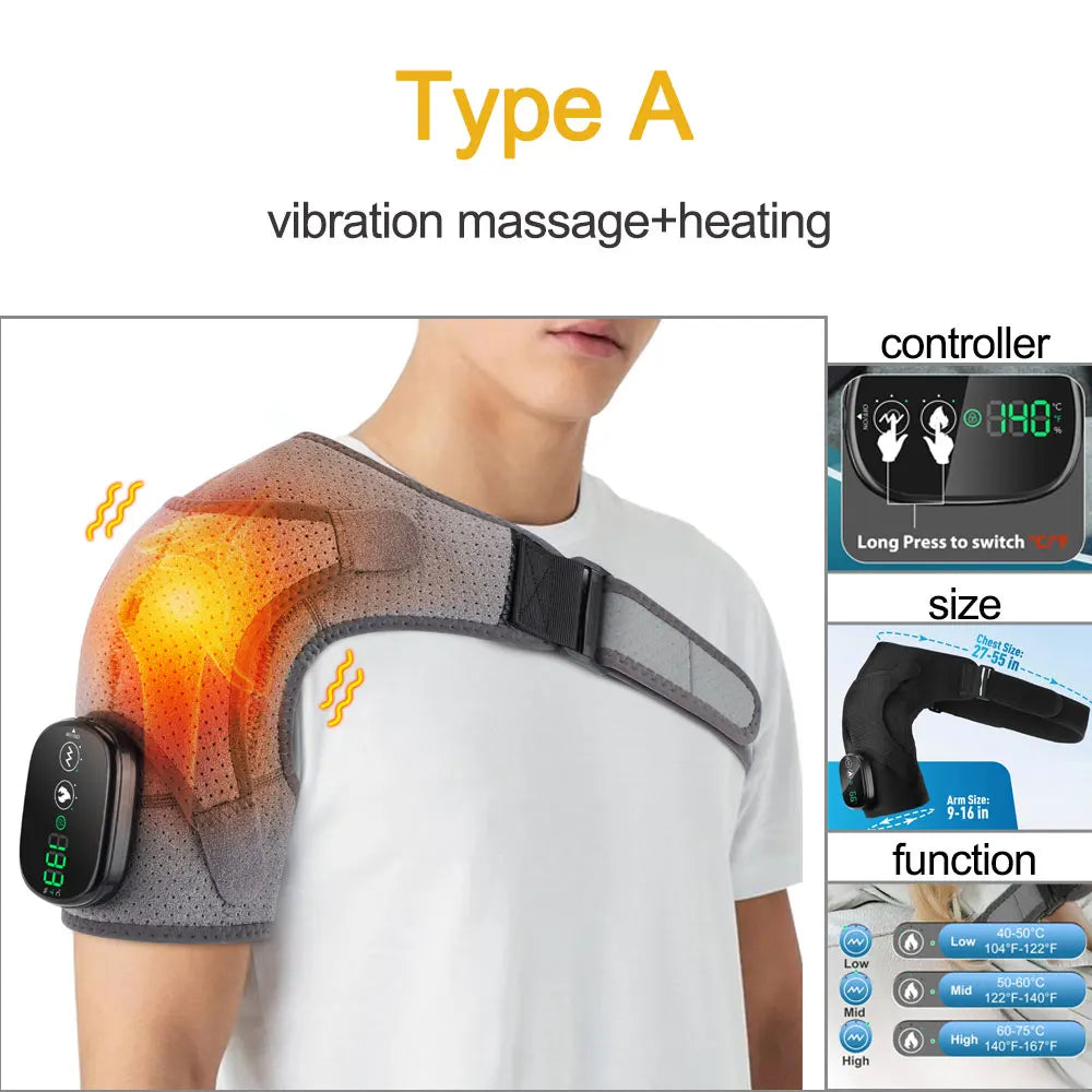 Shoulder massager with heating and vibration function on a person's shoulder, with controller and feature details displayed.