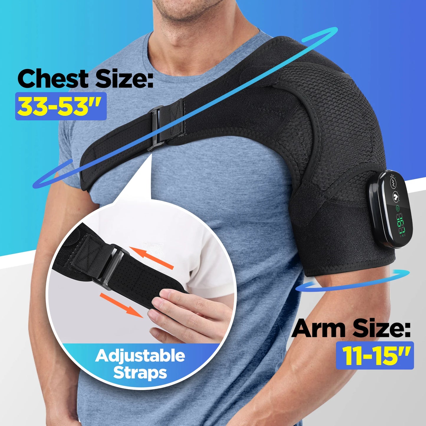 Person wearing a black shoulder brace with adjustable straps, chest size 33-53