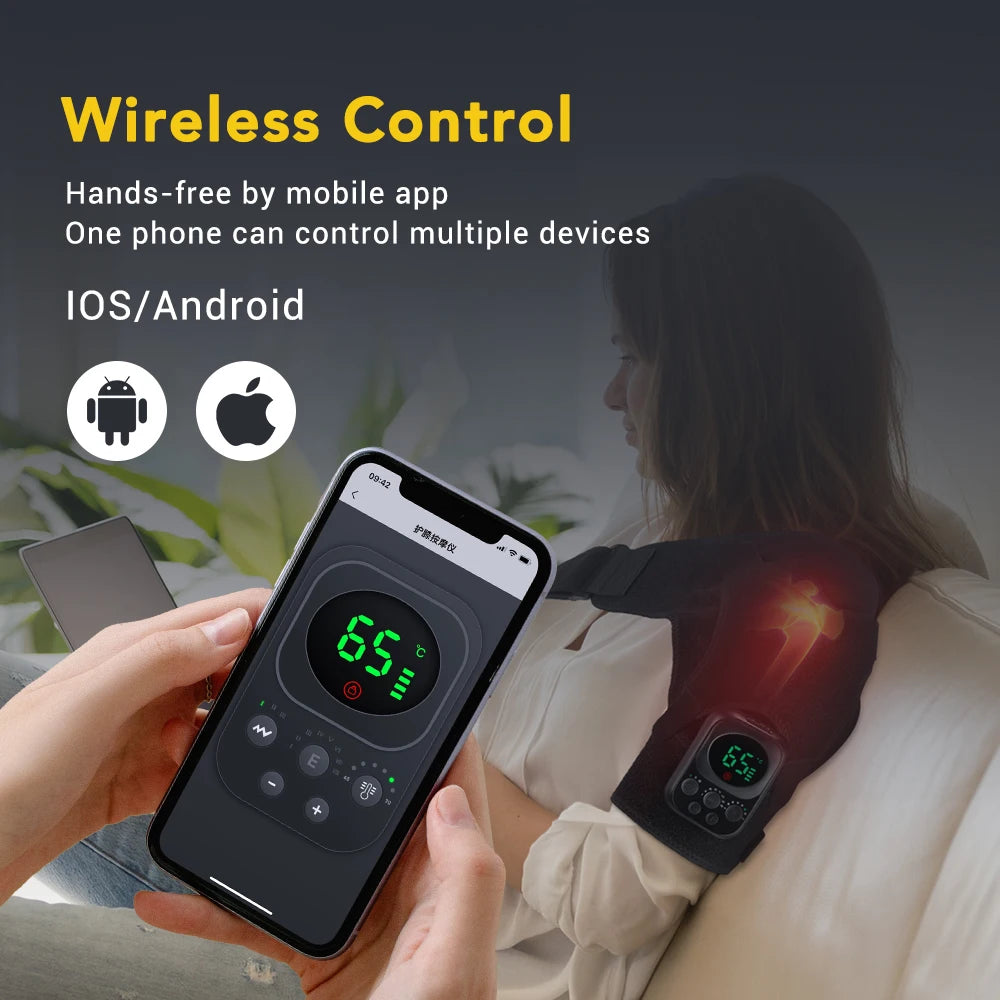 Person using a smartphone app to control a heating device on their back with text about wireless control and compatibility.