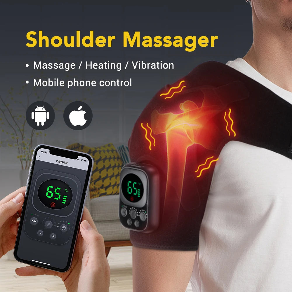 Shoulder massager with heating and vibration functions, controlled by a smartphone app.