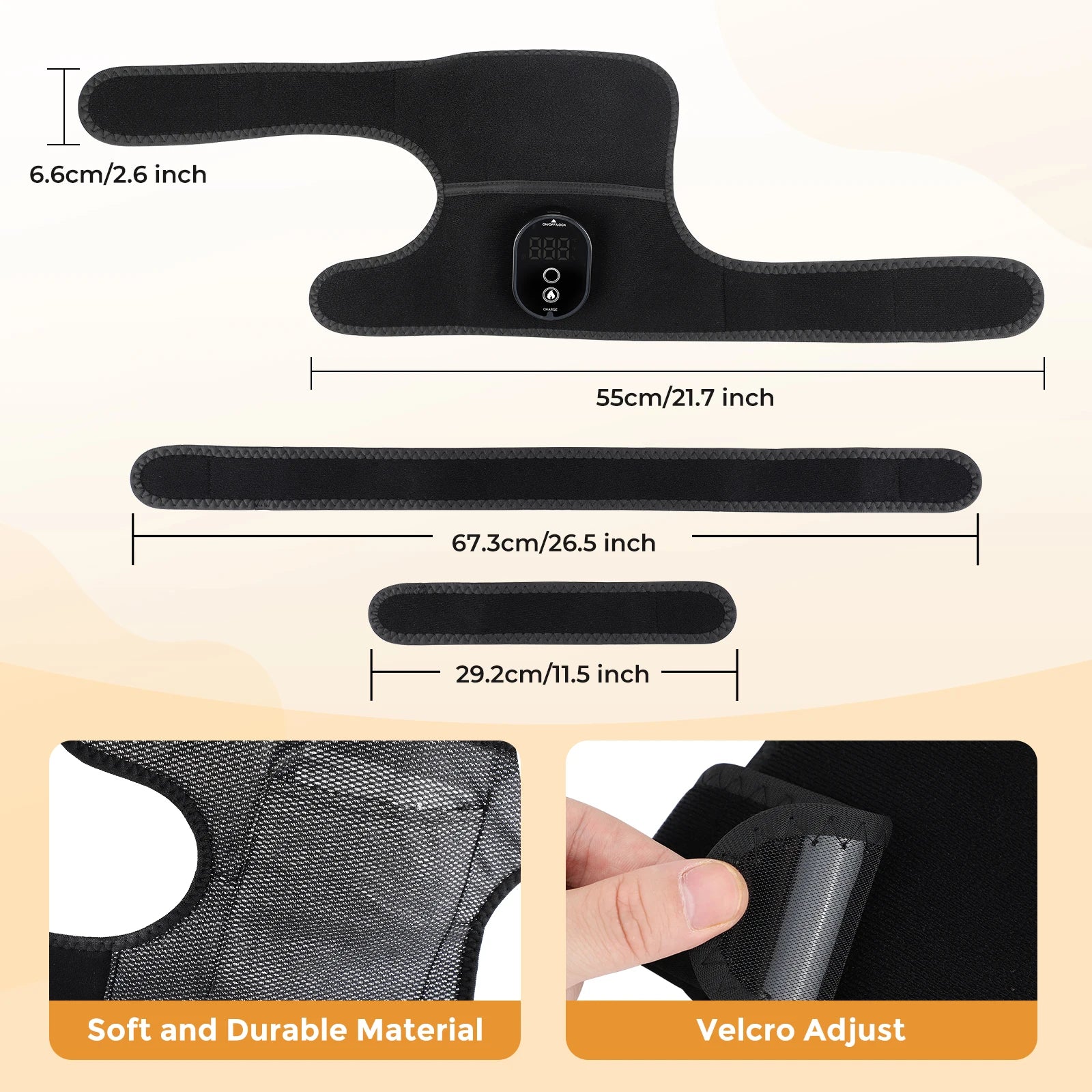 Black adjustable device with measurements and material details on a beige background