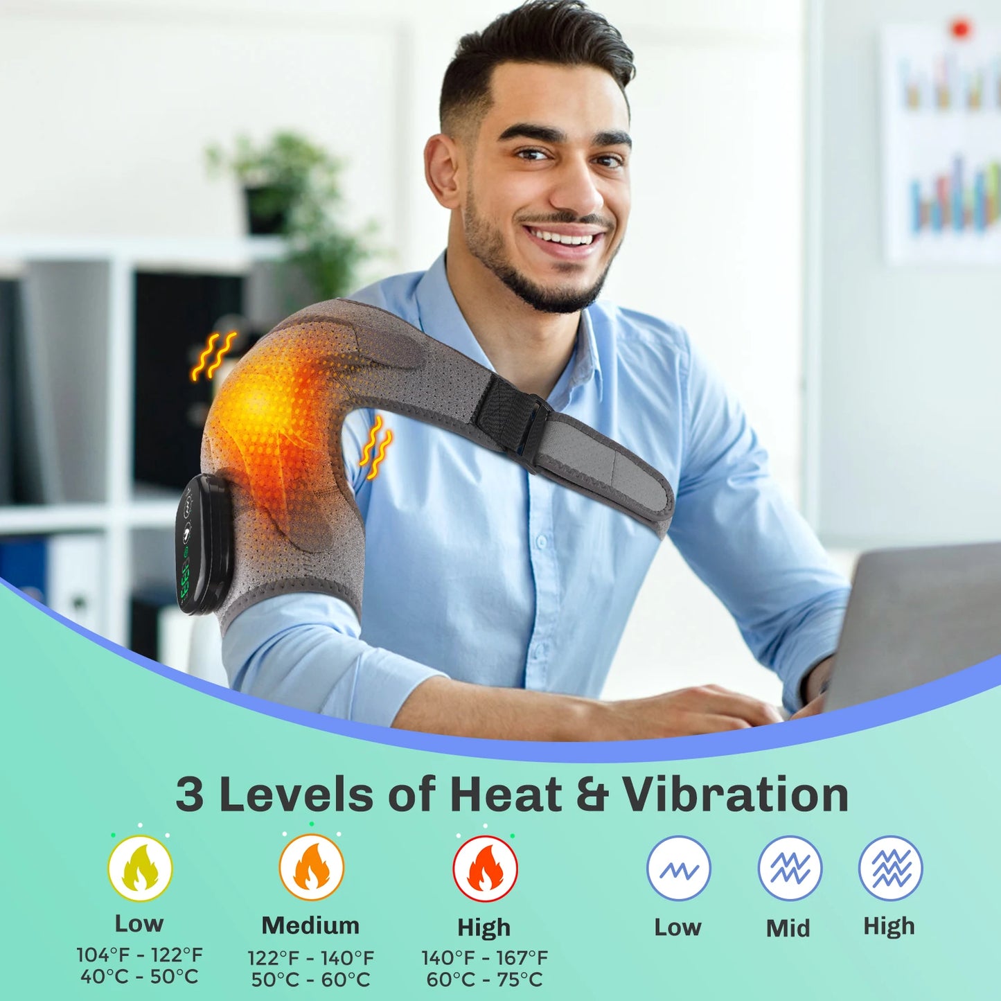 Man using a shoulder device with heat and vibration levels displayed