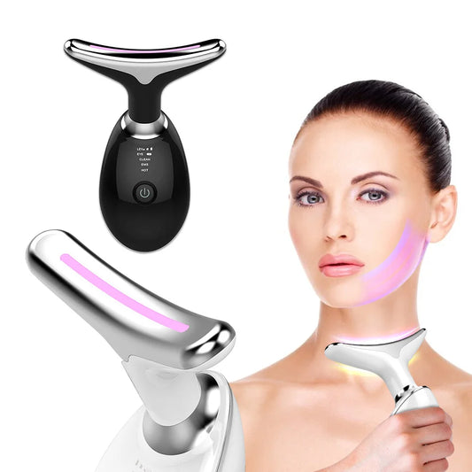 Beauty device with a woman using it on her face, on a white background.جهاز مساج كهربائي لشد الوجه والرقبة بتقنية EMS والحرارة الذكية لتقليل التجاعيد وتحسين نضارة البشرة