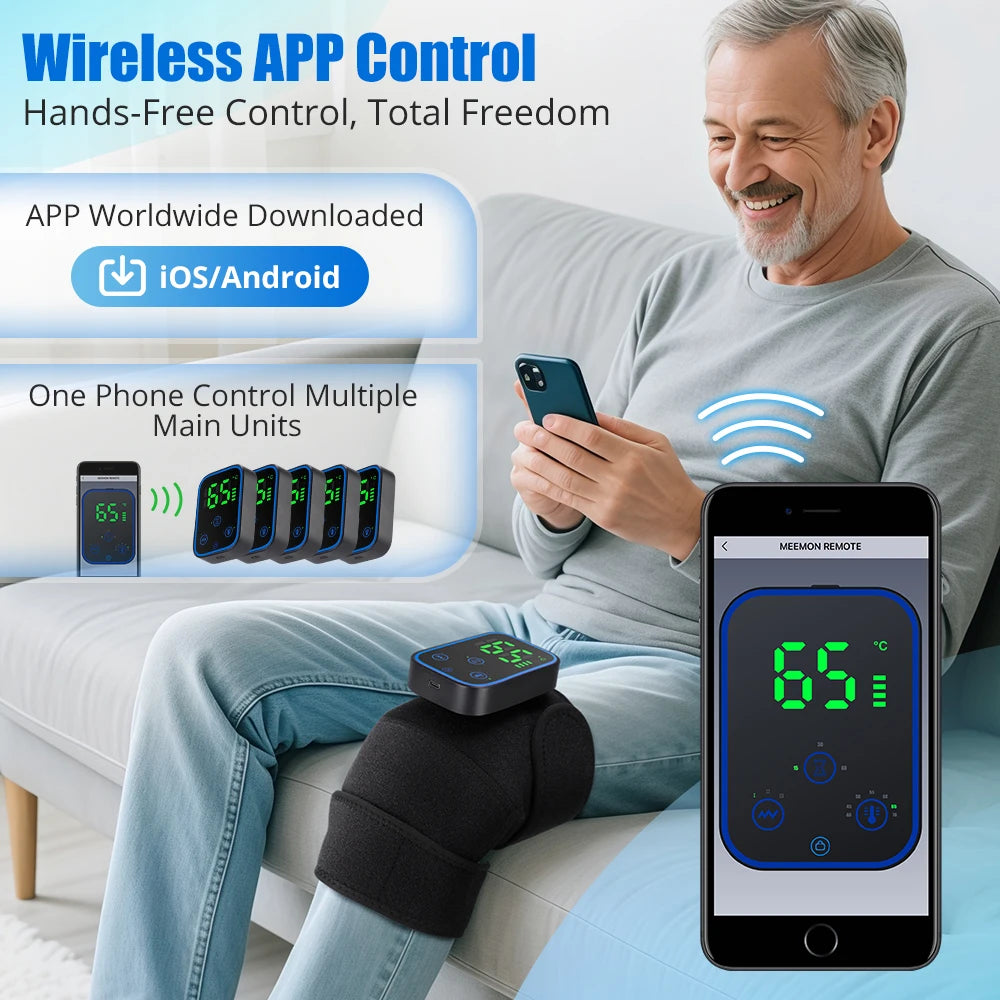 Man using a smartphone with wireless app control device, showing temperature display.