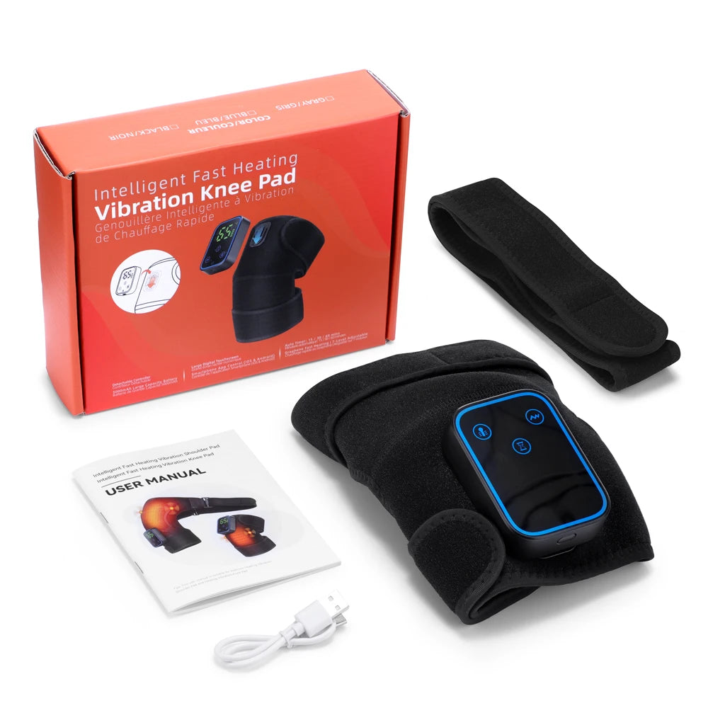 Vibration knee pad with packaging, user manual, and cable on a white background