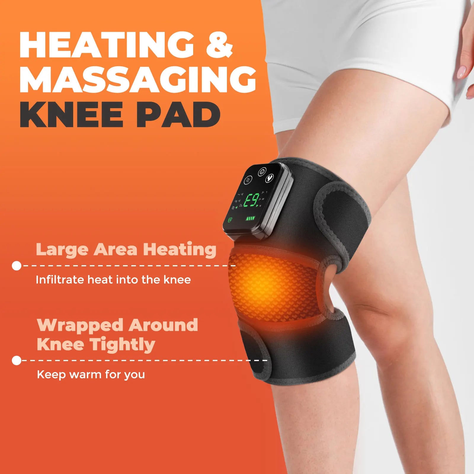 Heating and massaging knee pad on a person's knee with an orange background and text highlighting features.