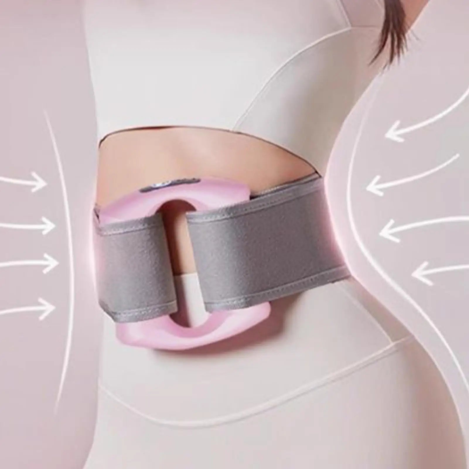 Gray and pink waist trainer being worn by a person on a light pink background مدلك الجسم