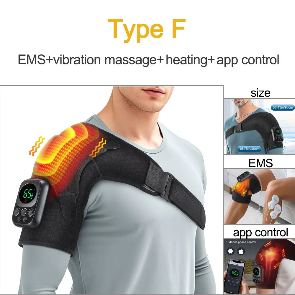 Shoulder massager with heating and vibration functions on a person's shoulder, featuring app control.