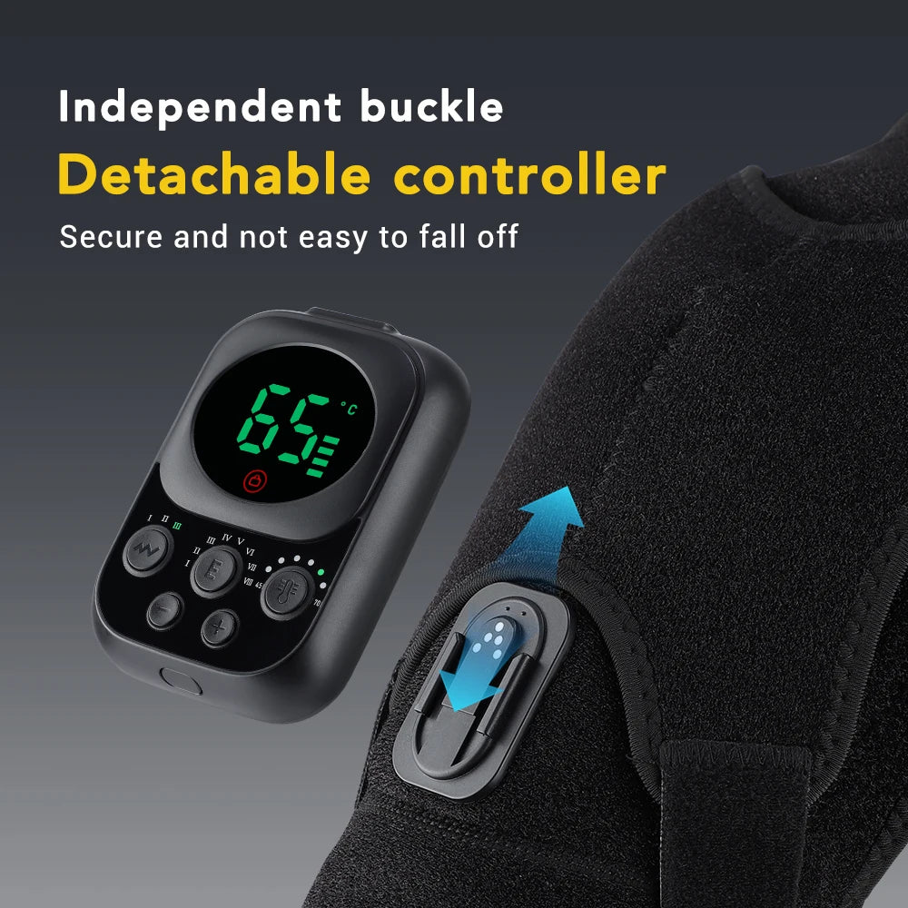Electronic device with digital display attached to a black garment, featuring text about an independent buckle and detachable controller.