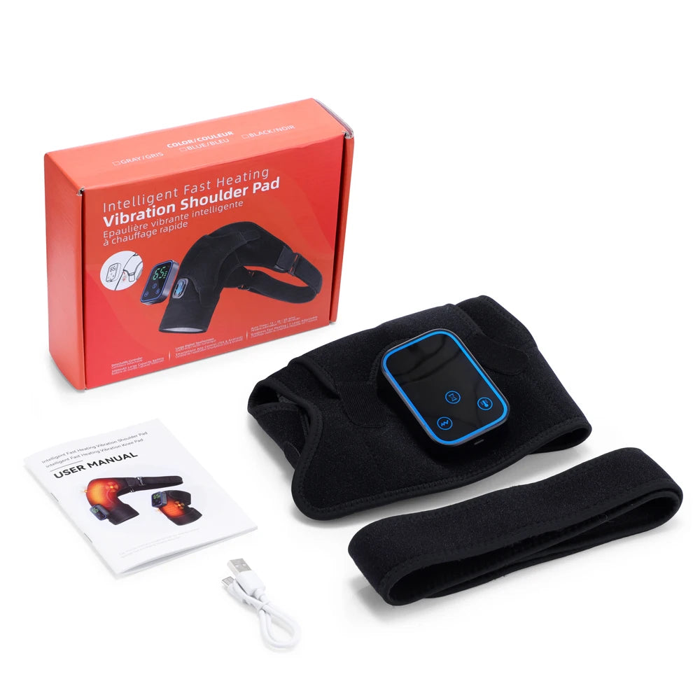 Vibration shoulder pad with packaging, user manual, and cable on a white background