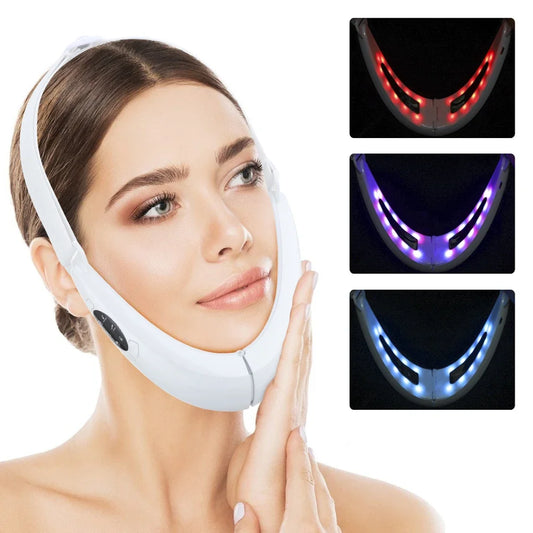 Woman wearing a white facial lifting device with inset images of LED lights in red, purple, and blue.جهاز EMS لحزام رفع الذقن المزدوجة وشد الوجه V-Shape مع تصميم USB قابل للشحن