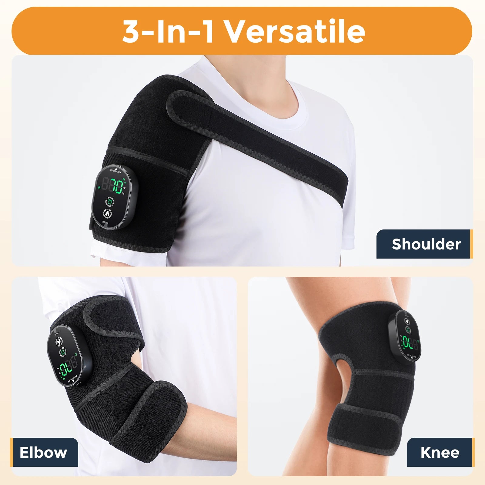 3-in-1 versatile electronic device for shoulder, elbow, and knee with digital display on a white background.