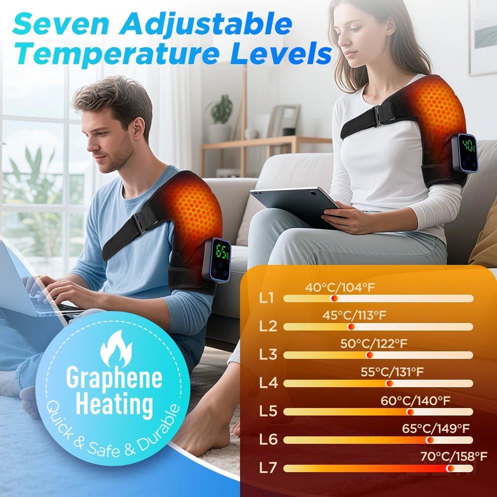 Two people using graphene heating devices on their shoulders with temperature level display.