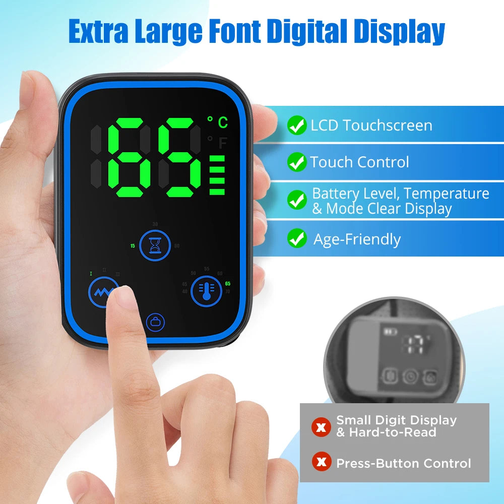 Digital thermometer with large font display held by a hand, showing temperature reading.
