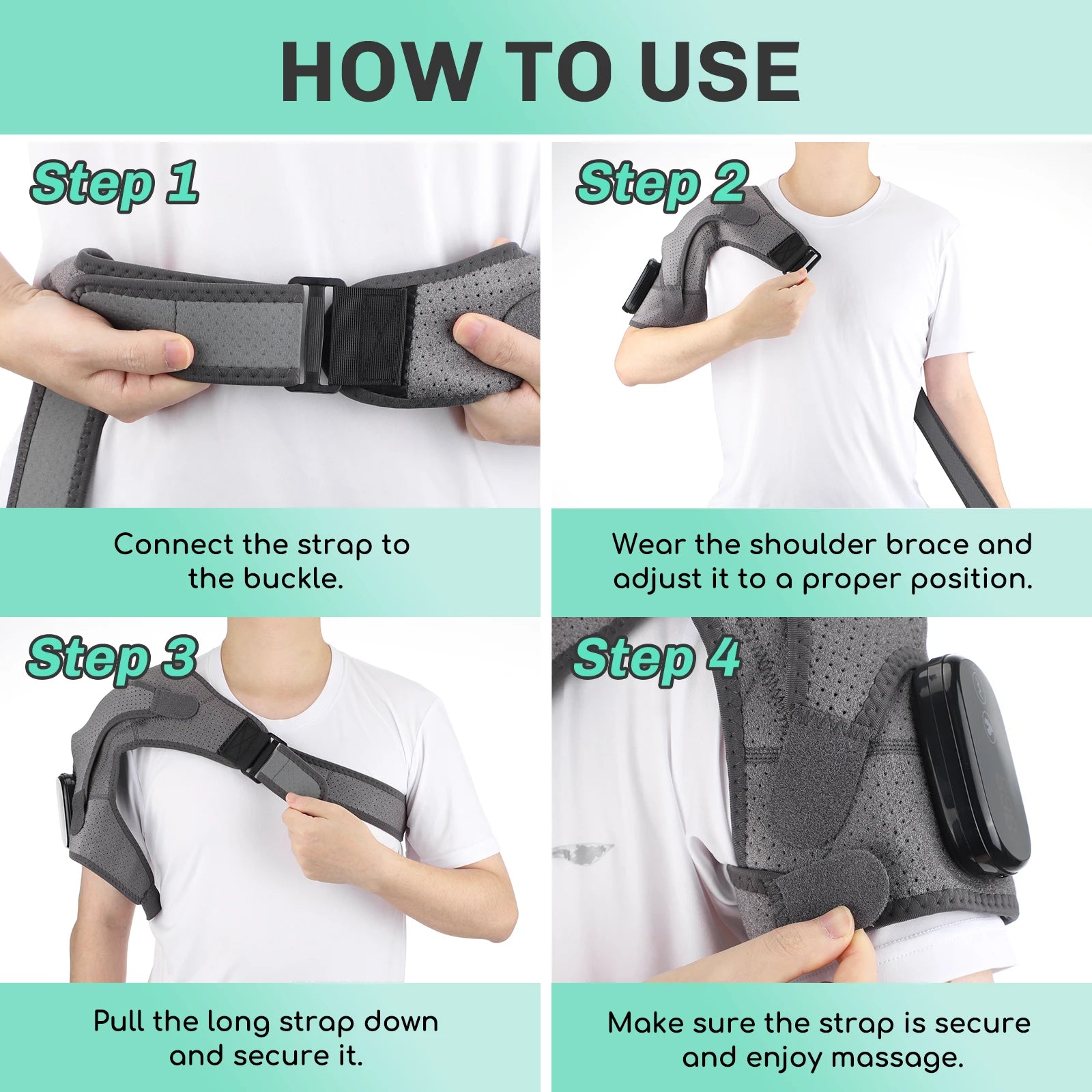 Instructions on how to use a shoulder brace with text labels for each step.