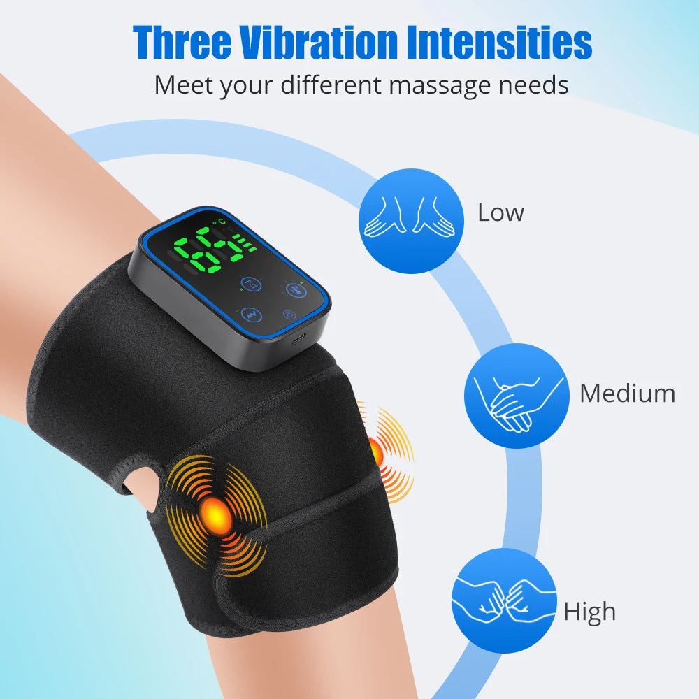Black massage device on a person's knee with digital display and vibration intensity indicators.