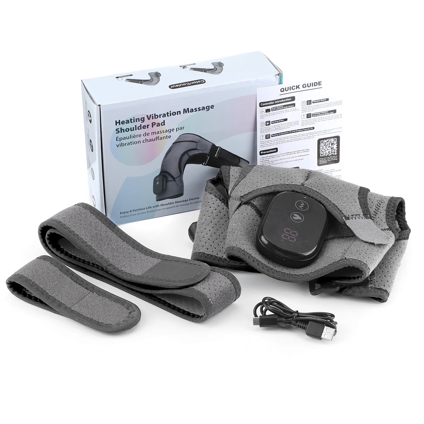 Heating vibration massage shoulder pad with packaging and accessories on a white background
