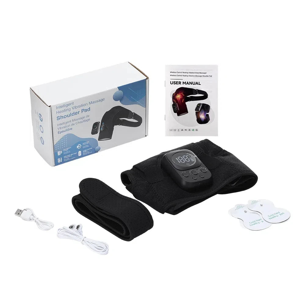Black vibration massage shoulder pad with packaging, user manual, and USB cable on a white background