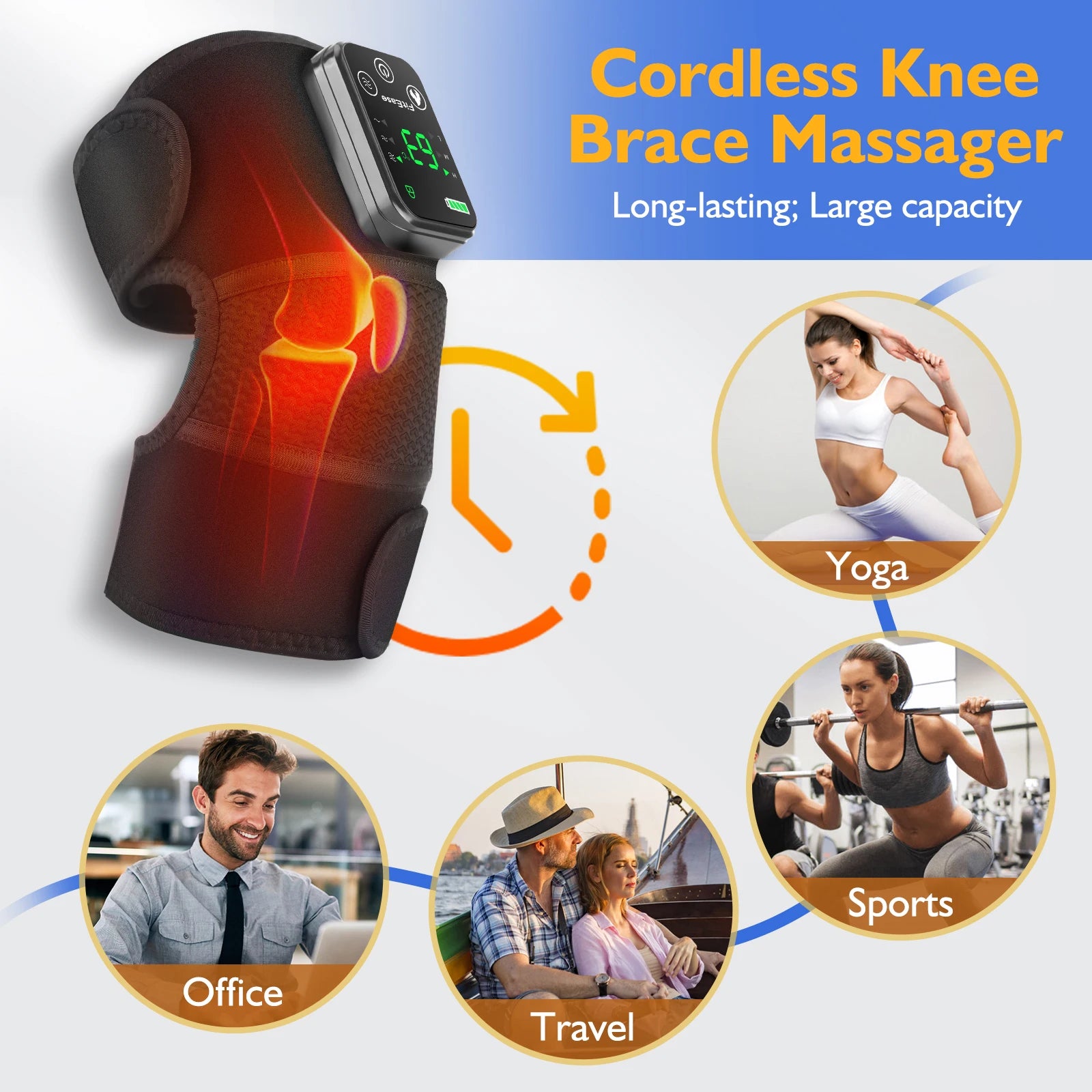Cordless knee brace massager with usage scenarios including yoga, sports, office, and travel.