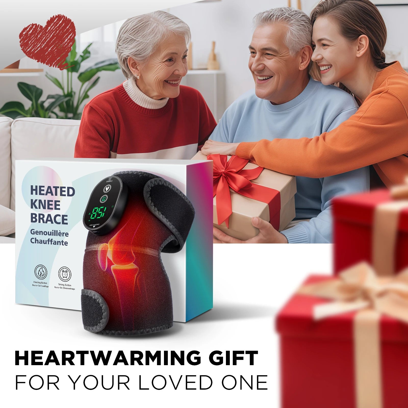 Heated knee brace with packaging and a family scene, promoting a heartwarming gift.