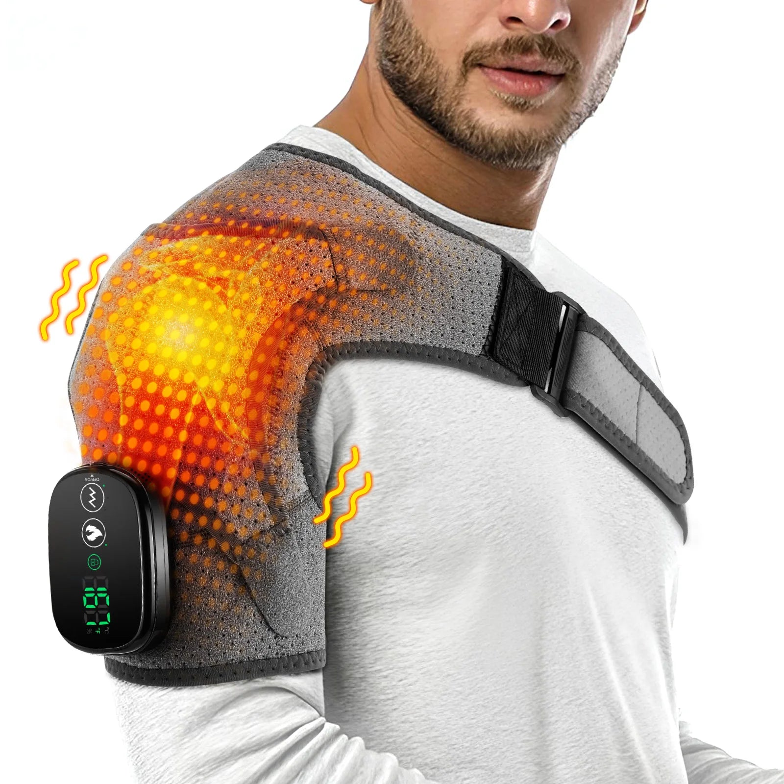 Man wearing a heated shoulder brace with digital display on a white background