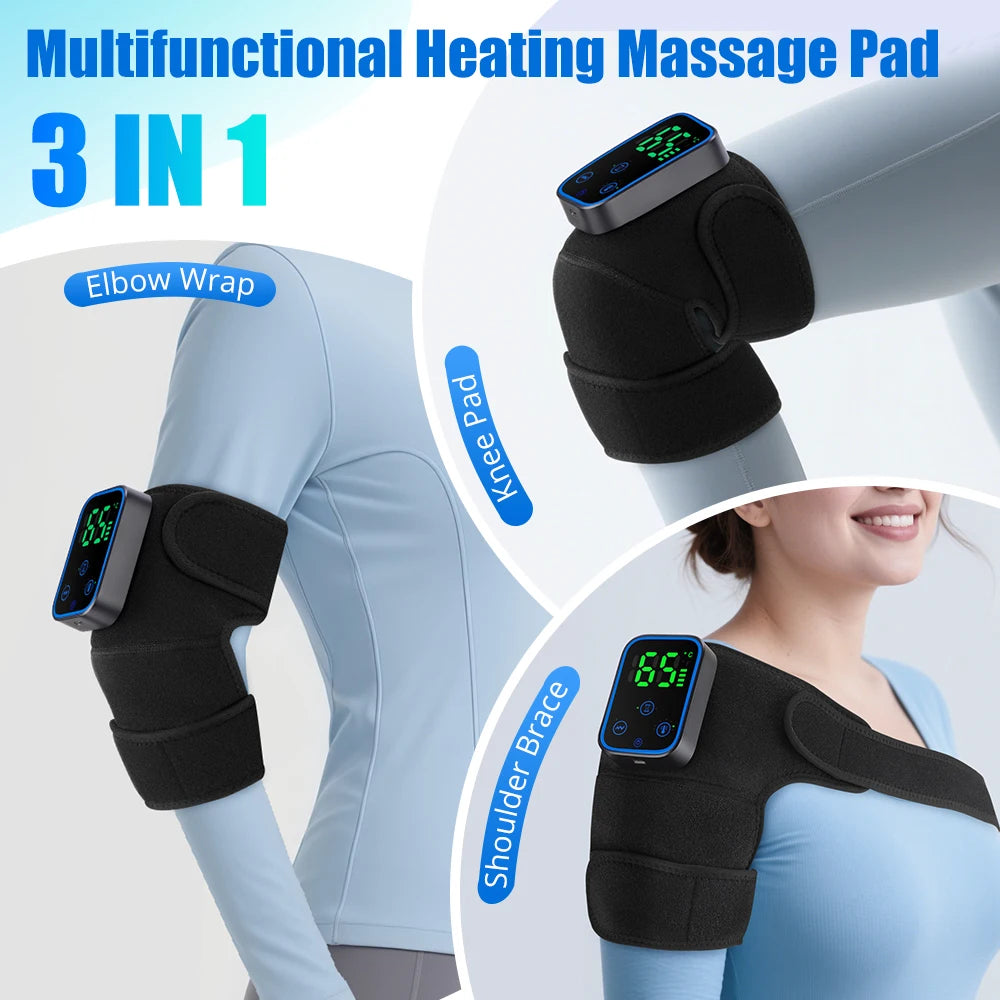 Multifunctional heating massage pad with digital display on arm, knee, and shoulder, labeled '3 IN 1'.