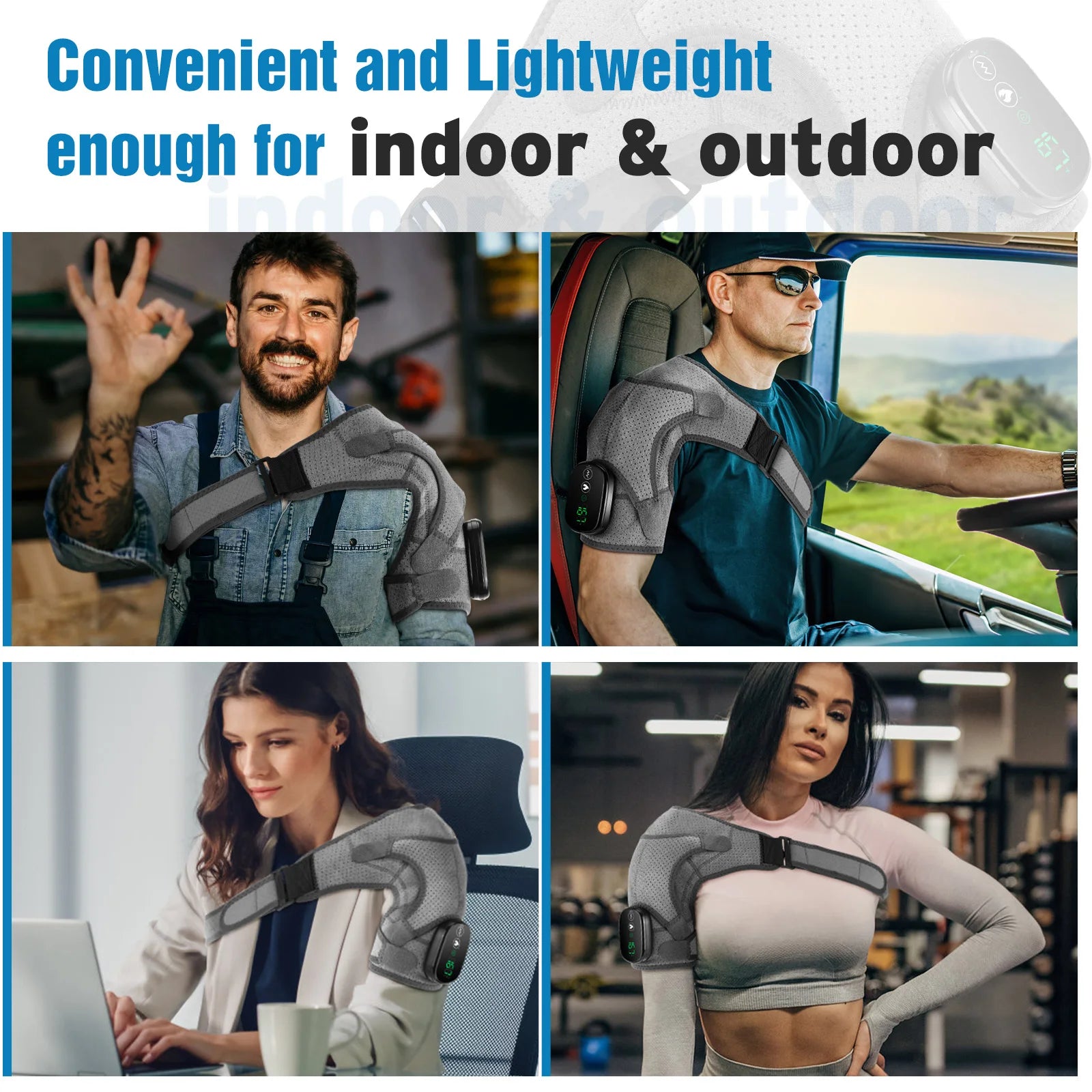 Collage of people wearing a shoulder support device in various settings with text 'Convenient and Lightweight enough for indoor & outdoor'.