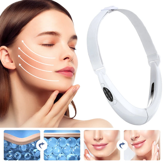 Woman using facial massager with close-up of product and benefits on a white background,جهاز EMS لحزام رفع الذقن المزدوجة وشد الوجه V-Shape مع تصميم USB قابل للشحن