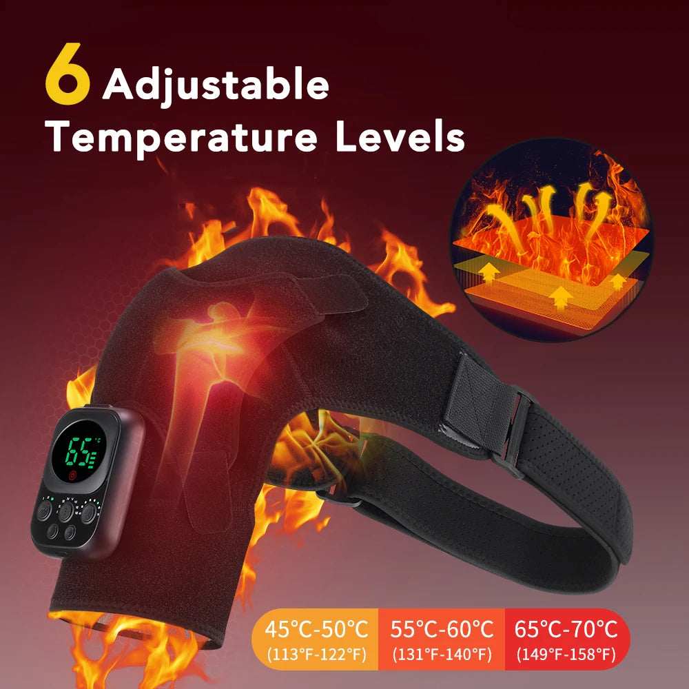 Heated glove with digital controller displaying adjustable temperature levels on a fiery background.