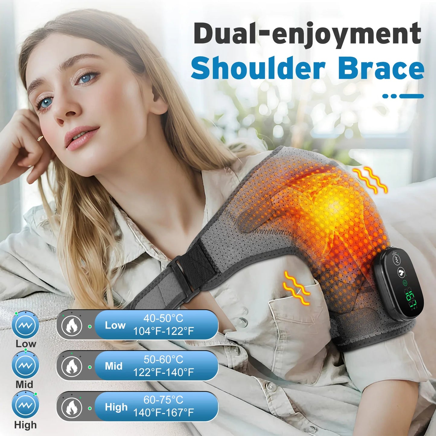 Woman wearing a heated shoulder brace with temperature control display, set against a blurred indoor background.