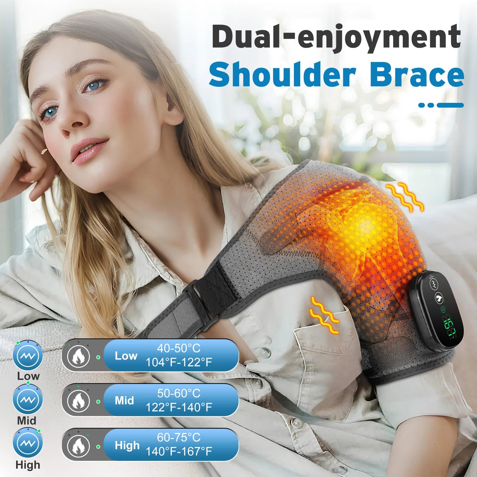 Woman wearing a heated shoulder brace with temperature control display, set against a blurred indoor background.