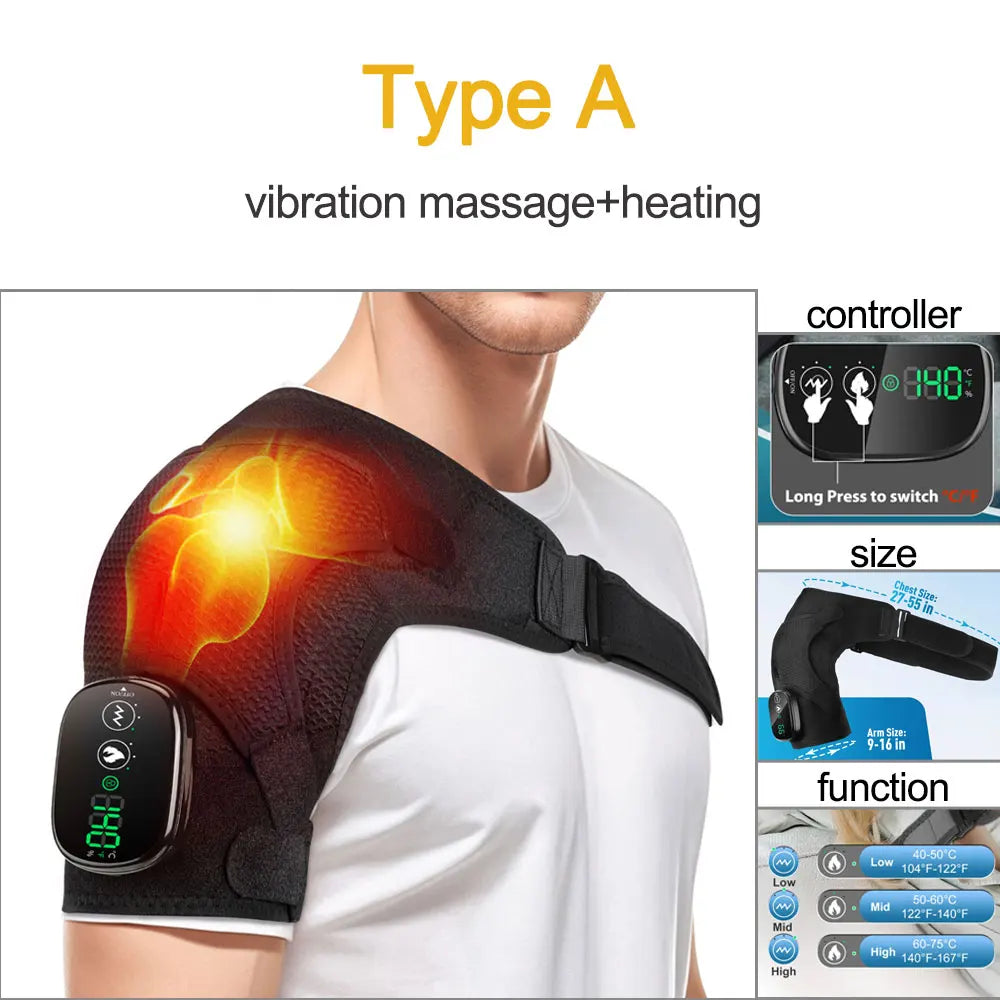 Vibration massage and heating device on a person's shoulder with controller and feature details.
