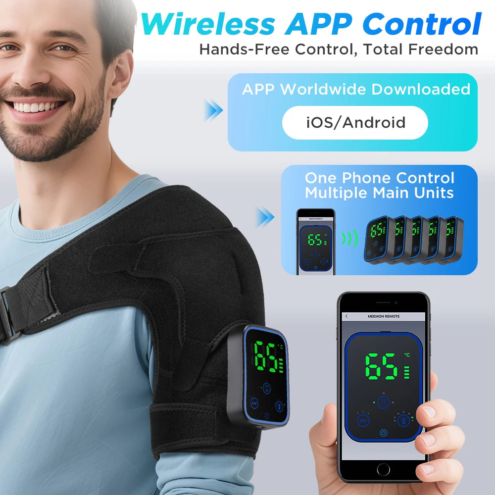 Man wearing a shoulder brace with digital display, holding a smartphone showing app interface, on a light gray background.
