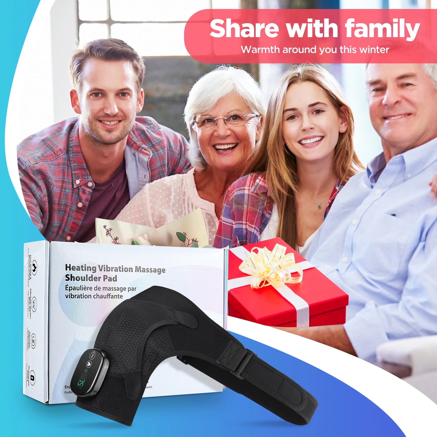 Heating vibration massage shoulder pad with family gift scene and text 'Share with family Warmth around you this winter'.