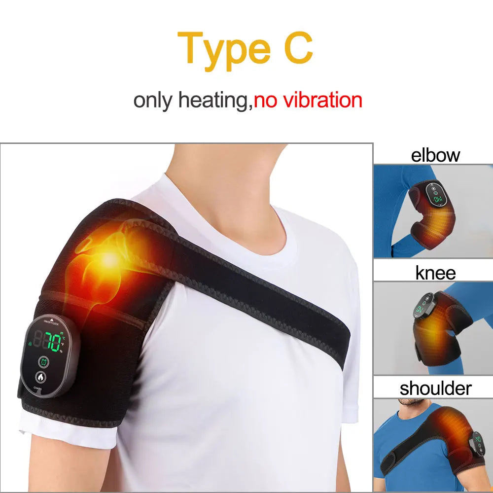 Heating device on shoulder with digital display, showing 'Type C' and 'only heating, no vibration' text.