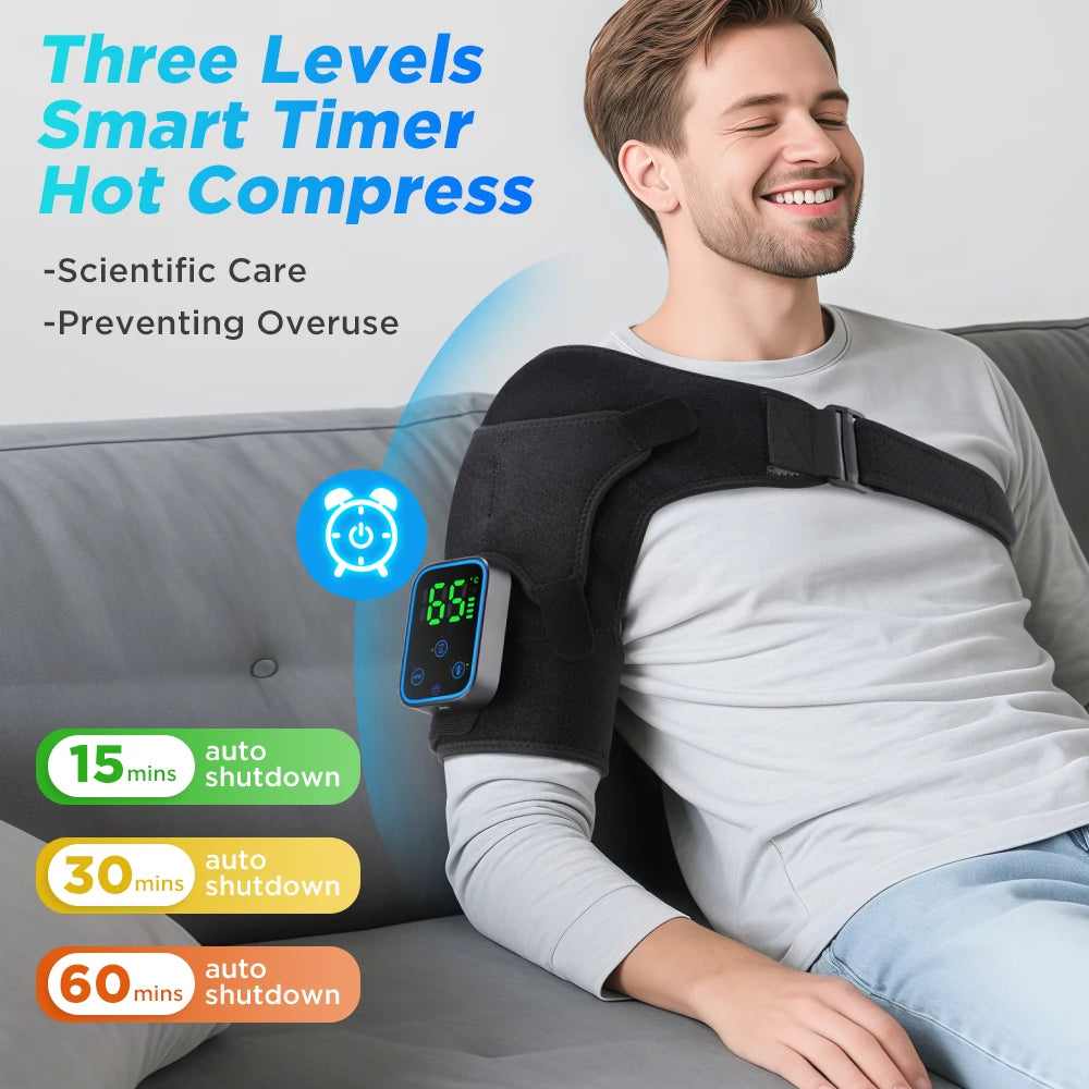 Person using a smart timer hot compress device on their shoulder with product features displayed.