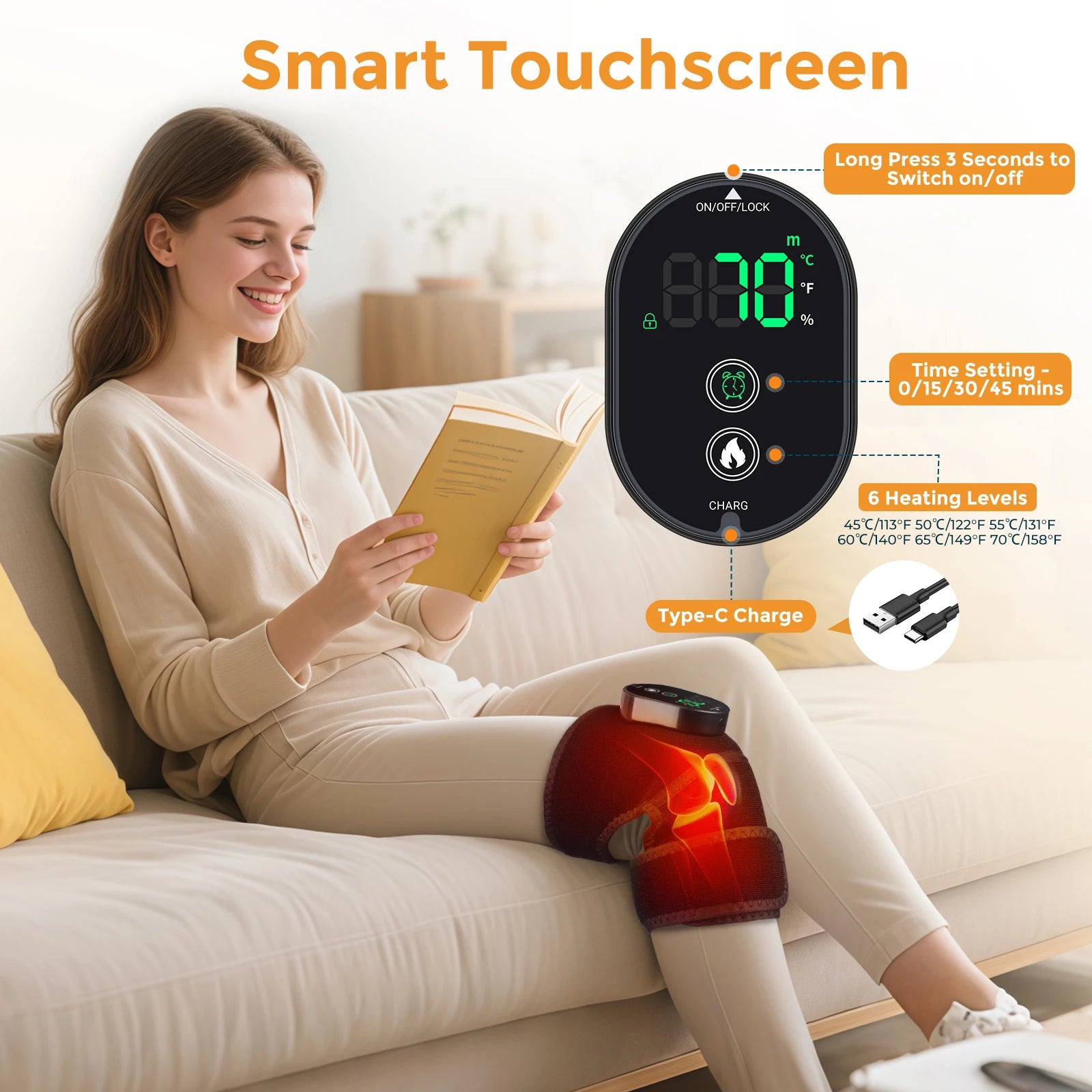 Woman using a leg warmer with a smart touchscreen display in a living room.